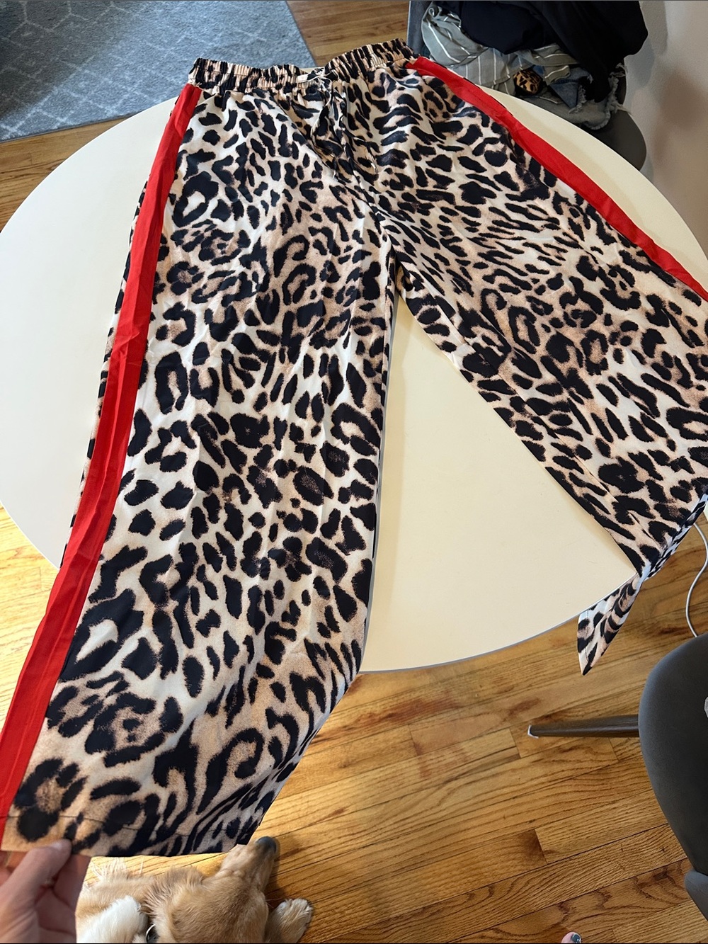 Leopard Print Wide-Leg Pants with Red Side Stripe
